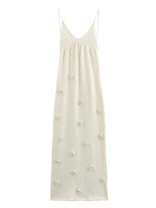 Women Sexy Backless Lace-up 3D Floral Knit Cami Dress Summer Sleeveless V-Neck Knitted Maxi Dresses For Vacation Party Outfits