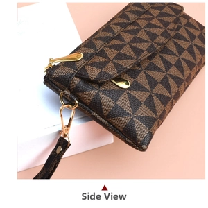Side view of checkered PU leather clutch bag with golden zipper and wrist strap detail