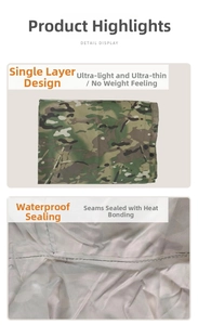 Detail of camouflage raincoat with waterproof heat-sealed seams and ultra-thin fabric