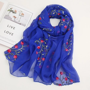 Women Elegant Satin Faux Silk Scarf Embroidered Peach Blossom Floral Beach Shawl Ethnic Style Sun Protection Scarf Lady