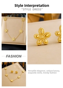 Macro detail of gold flower necklace and earrings set with refined milgrain edges