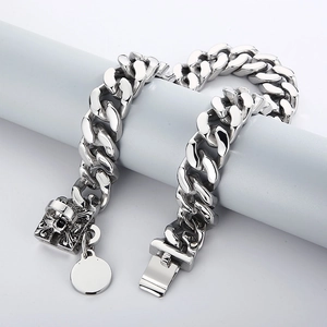 Collare per cani catena cubana 20mm argento con fibbia teschio e piastrina tonda