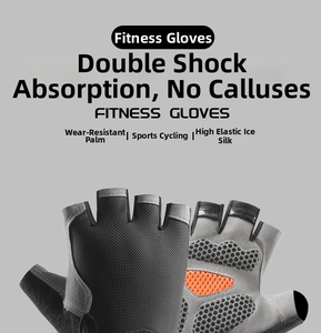Detailed close-up of non-slip palm padding and orange breathable mesh on fitness gloves