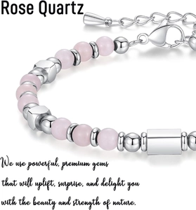 Macro shot of rose quartz beads with adjustable silver clasp for bohemian bracelets