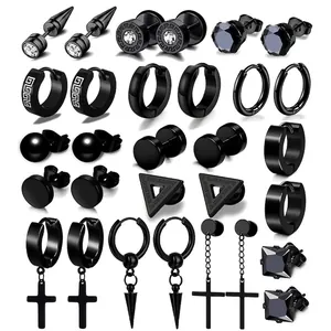 Stainless Steel Earrings For Men Women Unisex Black Silver Gold Stud Hoop Cross Pendant Rhinestone Punk Gothic Fashion Jewelry