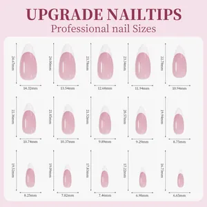 Detailed size chart of professional press-on nail tips showing length and width measurements