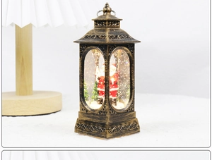 Close-up of vintage bronze Christmas lantern with Santa scene and glitter water globe