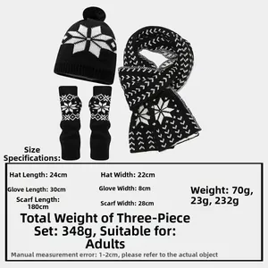 Size chart for 3-piece winter set including snowflake knit hat, scarf, and long fingerless gloves