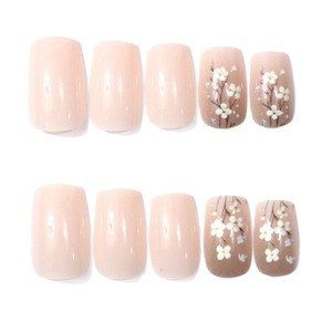 24pcs short square press-on nails with nude pink and white floral gradient patterns