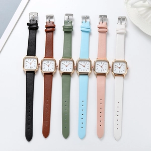 Chic women's small square watches in six colors with rose gold casing and leather straps