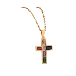 Luxury cross pendant necklace with colorful square crystals on a fine gold chain