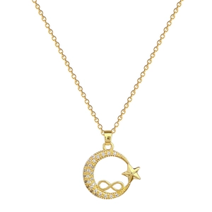 Star and moon gold pendant necklace with cubic zirconia in stainless steel