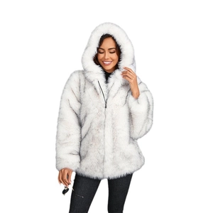 Manteau à capuche en fausse fourrure blanche et grise pour femme, chaud avec zip