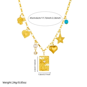 Gold plated stainless steel necklace with sun, star, heart, and pearl charms in 45cm length