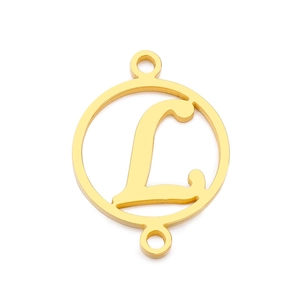 Detailed close-up of a gold-plated stainless steel letter L pendant with dual rings