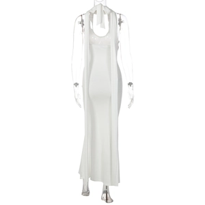 Elegant white backless maxi dress with a halter neck and scarf detail viewed from behind