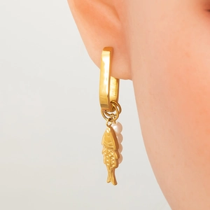 Elegant gold stainless steel hoop earrings with white pearls and a textured fish charm