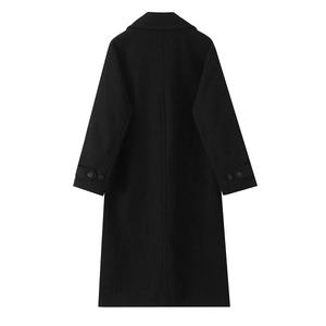 Back view of a black wool-blend long coat featuring lapels and cuff straps on white background