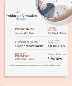 Detail view of silent wall clock specs with rose gold frame and geometric dial
