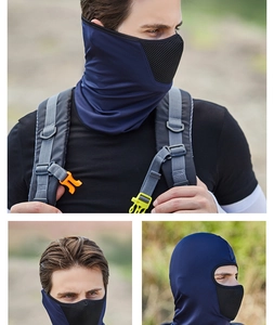 Detail of navy blue cycling mask with black honeycomb mesh for breathable sun protection