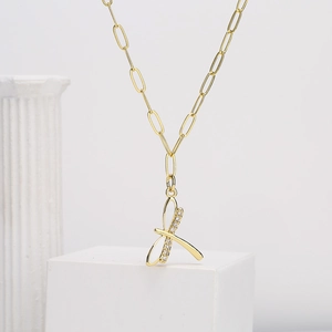 Minimalist 18K gold plated copper necklace with zircon paved letter X pendant