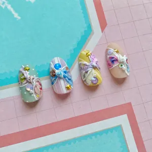 Detail of 5D embossed nail stickers featuring cute bears and colorful tulip patterns