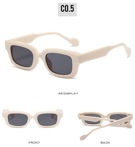 Detailed views of cream rectangular sunglasses with dark lenses from multiple angles