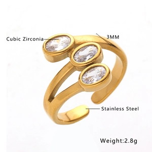 Minimalist 18K gold plated stainless steel triple zircon open ring for women