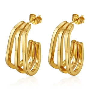 Polished gold double-layered geometric hoop earrings for women in stainless steel