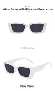 Front and side view of rectangle sunglasses with white frames and black lenses