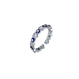Silver open ring with blue evil eye patterns and clear cubic zirconia stones
