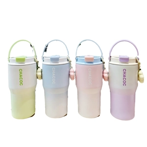 Portable vacuum insulated coffee cups with handles in four gradient pastel colors