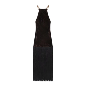 Halter Neck Velvet Midi Dress With Long Tassel Fringe Backless Elegant Evening Party Slim Fit Solid Color For Women