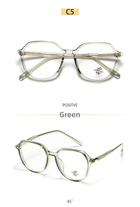 Close-up of transparent green TR90 polygonal glasses frames with anti-blue light lenses