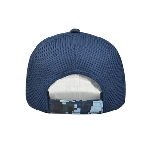 Detail of navy blue mesh baseball cap featuring camo adjustable strap for breathable fit