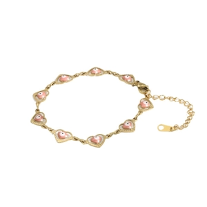 Golden heart-shaped bracelet featuring pink evil eye accents and adjustable chain link