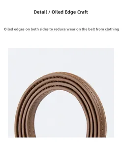 Macro detail of the brown leather belt's smooth sealed edges and precise stitching