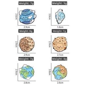 Detailed view of enamel cat planet brooches with precise size and weight measurements