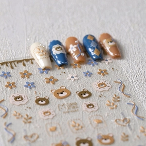 3D embossed bear nail art stickers with matte finish and floral designs for manicure