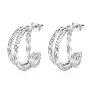 Twisted C-shaped 18K silver-plated stainless steel hoop earrings on a white background