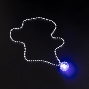 Detail view of the LED glowing necklace showing a bright blue faceted crystal ball on a chain