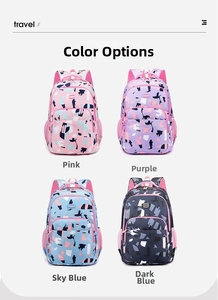 Color options for student backpacks in pink, purple, sky blue, and navy camouflage prints