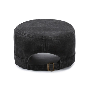 Back view of black washed denim cadet cap with adjustable metal buckle and retro texture
