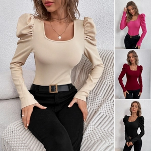 Square Neck Puff Sleeve Knit T-Shirt Slim Fit Long Sleeve Textured Polyester Top Women Elegant Fashion