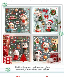 Detailed view of electrostatic Christmas window stickers with cartoon cats and snowflakes