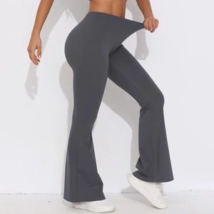 Dunkelgraue High-Waist Schlaghose für Yoga aus elastischem Stoff in Seitenansicht