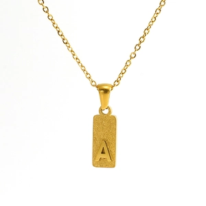 Minimalist gold stainless steel square pendant necklace featuring embossed letter A