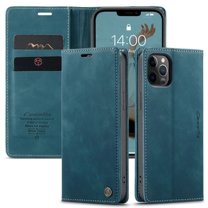Detail of blue leather flip wallet case showing internal card slots and precise stitching