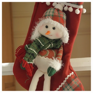 Close-up of a red felt Christmas stocking featuring a 3D plush snowman with a plaid hat