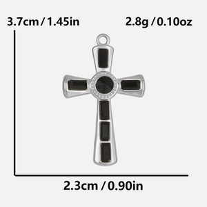 Polished silver cross pendant with black gemstones, showing 3.7cm height and 2.8g weight details